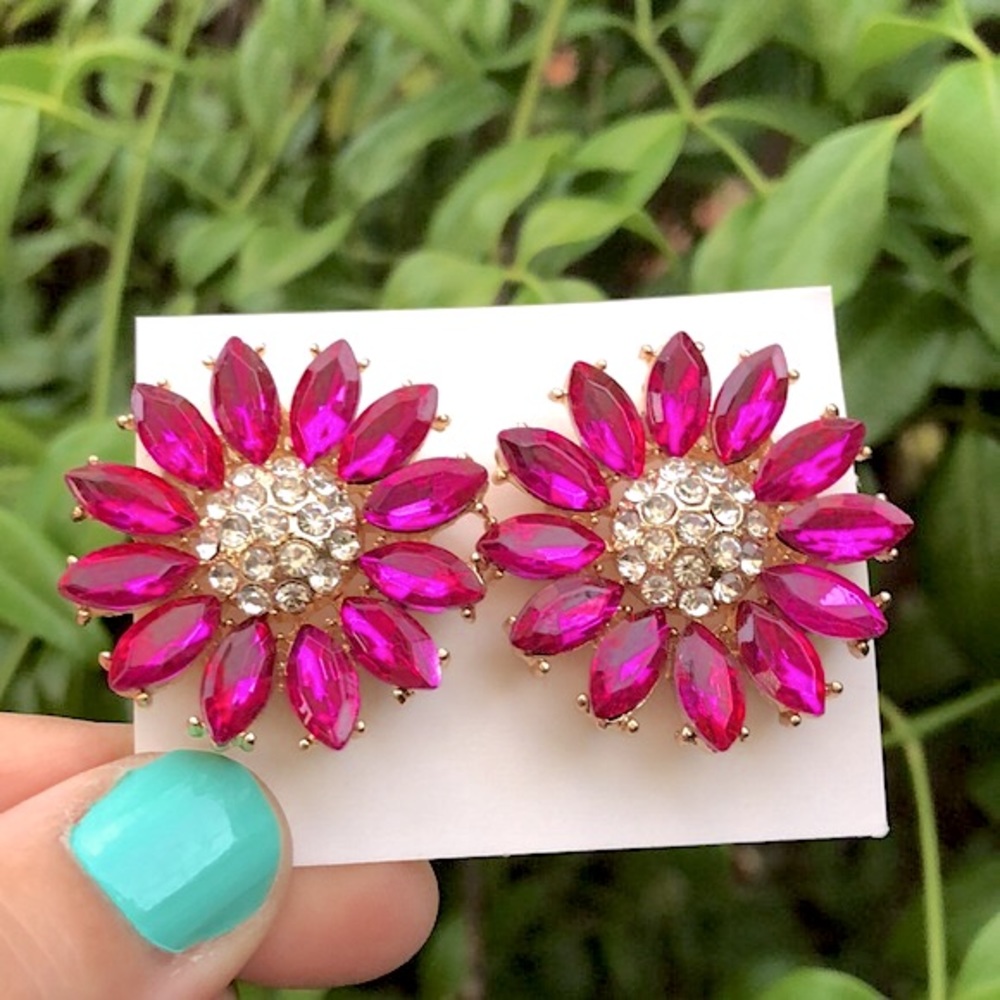 Hot Pink Sunflower Crystal Earrings - Picture 1 of 5
